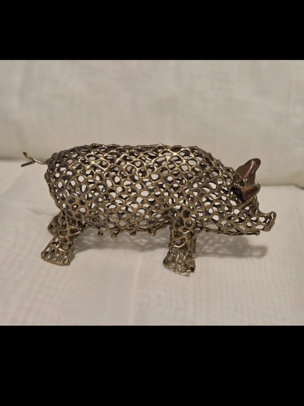 Mid Century Reticulated Brass Pig Figurine - Farmhouse - Farm Animal Decor